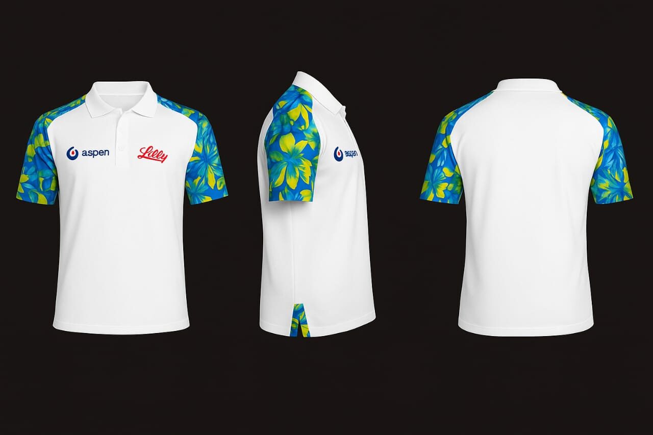 White polo shirt with Aspen and Lion Lager logos and a safari-print sleeve panel