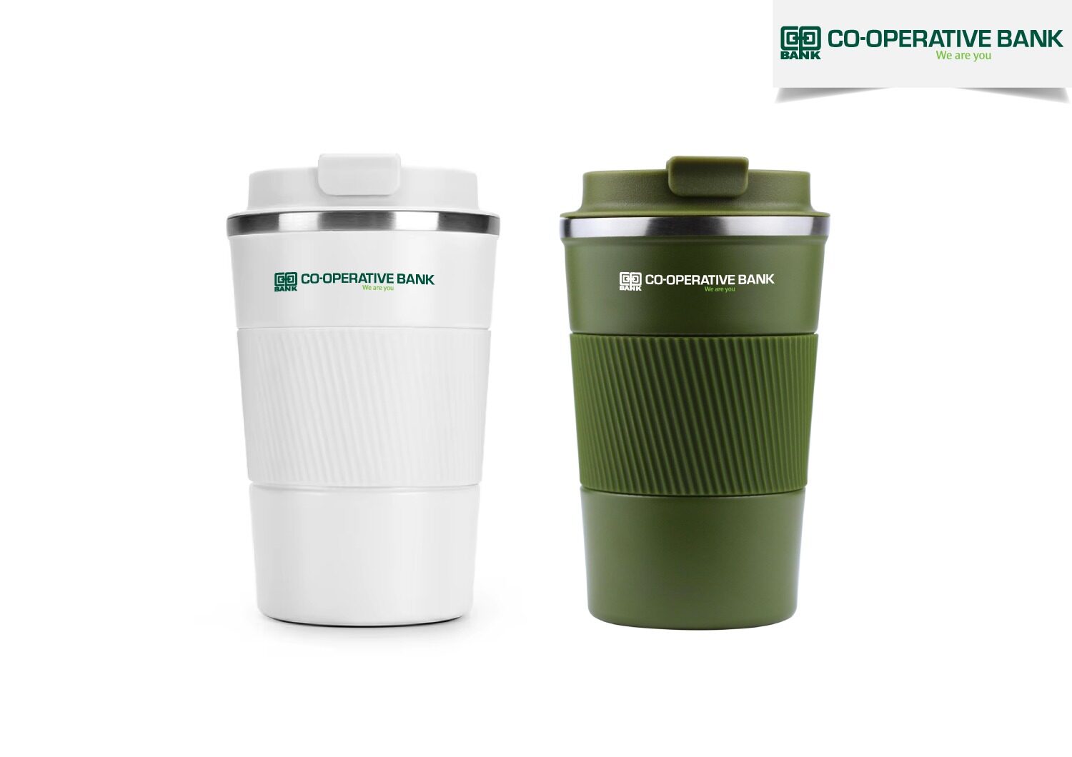 White and green Co-operative Bank branded travel tumblers